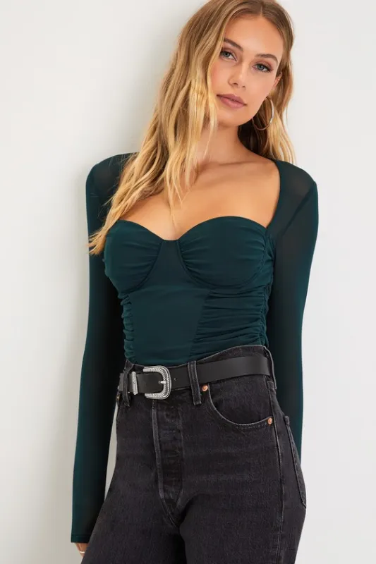 Coy Cutie Dark Green Mesh Bustier Long Sleeve Crop Top sold by Lulus