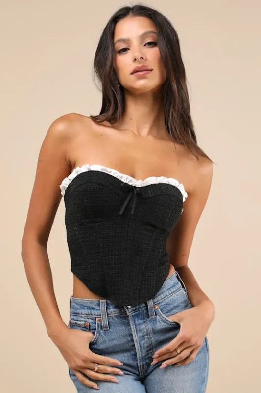Polished Chicness Black Tweed Bustier Ruffled Crop Top sold by Lulus
