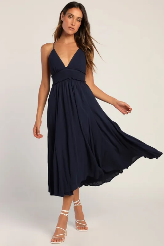 Essentially Elegant Navy Blue Sleeveless Backless Midi Dress made by Lulus
