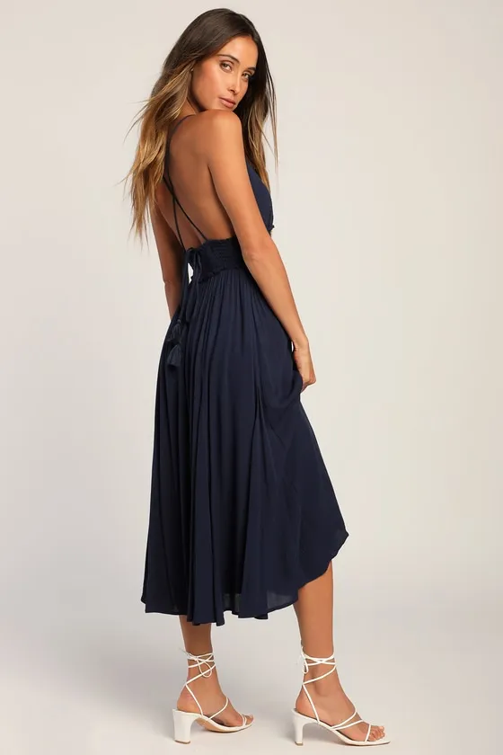 Essentially Elegant Navy Blue Sleeveless Backless Midi Dress sold by Lulus product image thumbnail 2