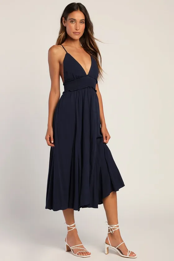 Essentially Elegant Navy Blue Sleeveless Backless Midi Dress sold by Lulus product image thumbnail 4
