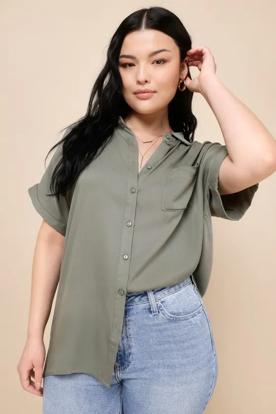 Blythe Olive Green Short Sleeve Button-Up Top sold by Lulus
