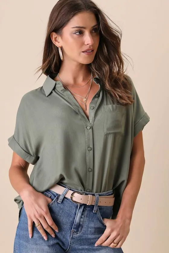 Blythe Olive Green Short Sleeve Button-Up Top sold by Lulus product image thumbnail 2