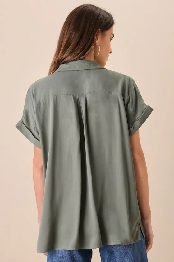Blythe Olive Green Short Sleeve Button-Up Top sold by Lulus product image thumbnail 3