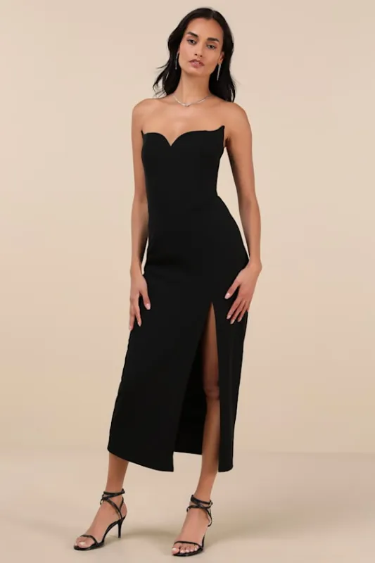Aliyas Black Strapless Midi Dress sold by Lulus