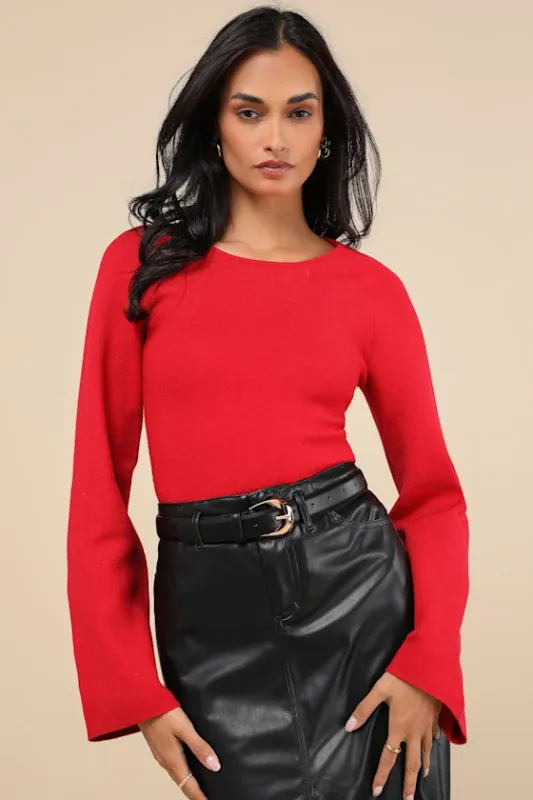 Modern Detail Red Cutout Bell Sleeve Sweater Top sold by Lulus