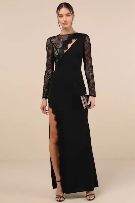 Flawlessly Confident Black Lace Asymmetrical Cutout Maxi Dress sold by Lulus