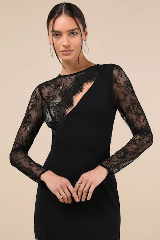 Flawlessly Confident Black Lace Asymmetrical Cutout Maxi Dress sold by Lulus product image thumbnail 4