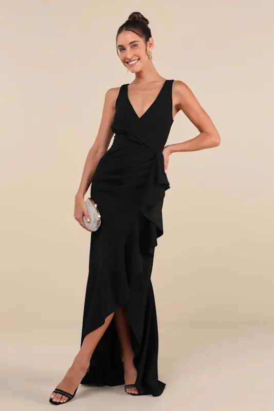 Pure Loveliness Black Pleated Ruffled High-Low Maxi Dress sold by Lulus