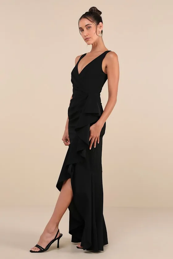 Pure Loveliness Black Pleated Ruffled High-Low Maxi Dress sold by Lulus product image thumbnail 4