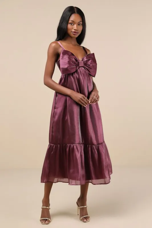 Extravagant Initiative Shiny Plum Organza Bow Midi Dress sold by Lulus