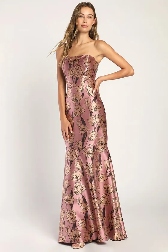 Gowning Around Mauve Floral Jacquard Strapless Maxi Dress sold by Lulus