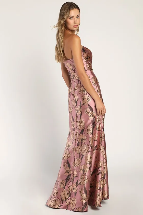 Gowning Around Mauve Floral Jacquard Strapless Maxi Dress sold by Lulus product image thumbnail 2