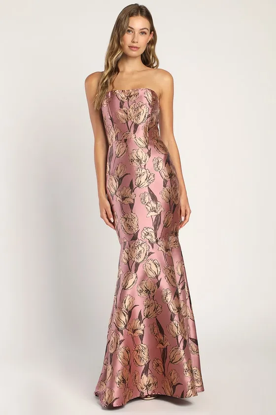 Gowning Around Mauve Floral Jacquard Strapless Maxi Dress sold by Lulus product image thumbnail 3