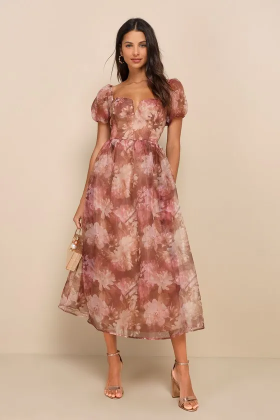 Lovely Statement Light Brown Floral Organza Tie-Back Midi Dress sold by Lulus