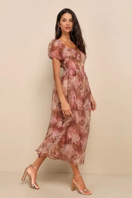 Lovely Statement Light Brown Floral Organza Tie-Back Midi Dress sold by Lulus product image thumbnail 4