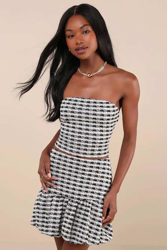 Ultra Darling Black and White Gingham Tweed Strapless Crop Top sold by Lulus product image thumbnail 2