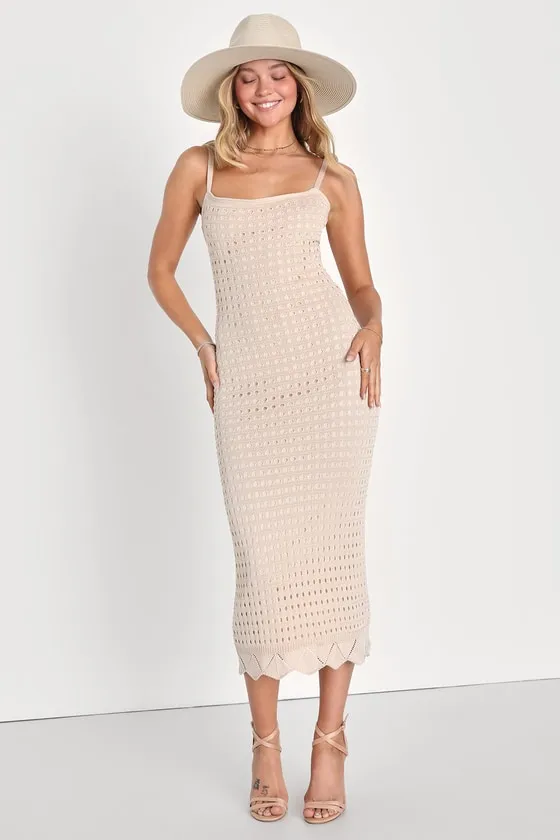 Ventura Vision Beige Crochet Lace-Up Midi Dress sold by Lulus product image thumbnail 3