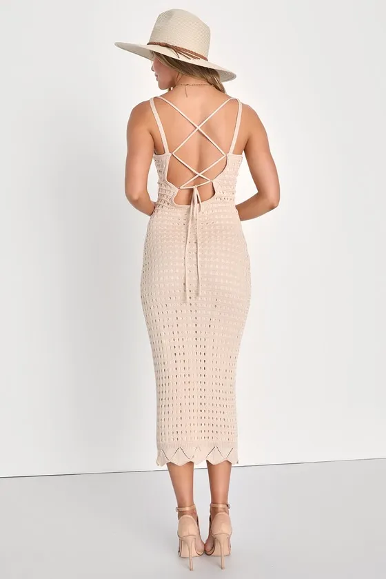 Ventura Vision Beige Crochet Lace-Up Midi Dress sold by Lulus product image thumbnail 4