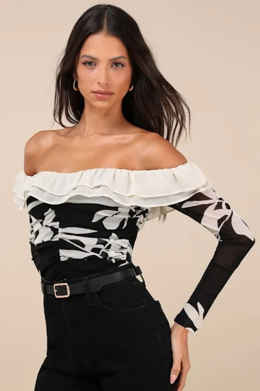 Extraordinary Flirt Black Floral Mesh Ruffled Crop Top sold by Lulus