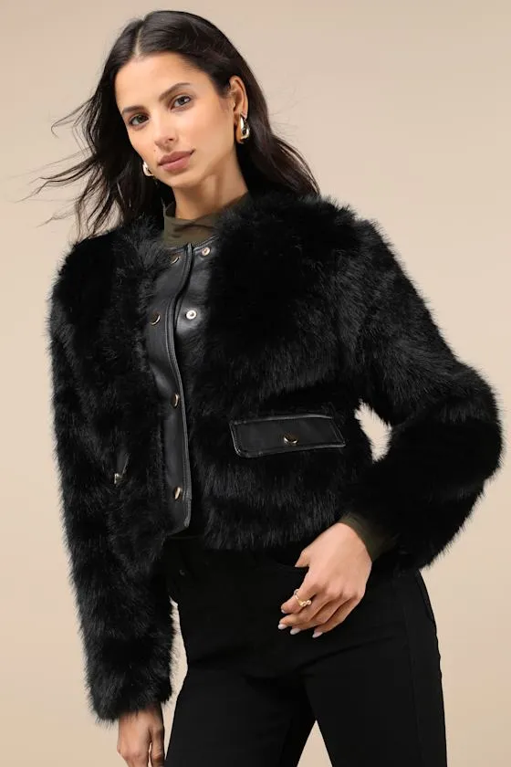 Leeny Black Faux Fur Jacket sold by Lulus