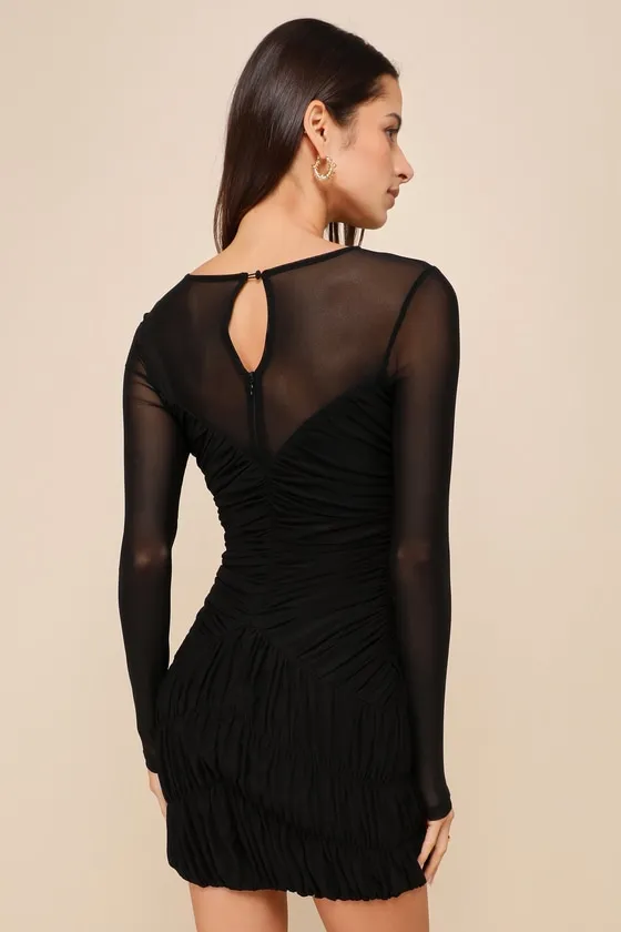 Late Night Mood Black Mesh Ruched Long Sleeve Mini Dress sold by Lulus product image thumbnail 3