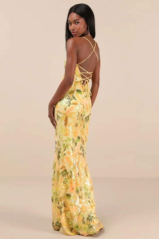 Glittering Icon Yellow Iridescent Sequin Lace-Up Maxi Dress sold by Lulus