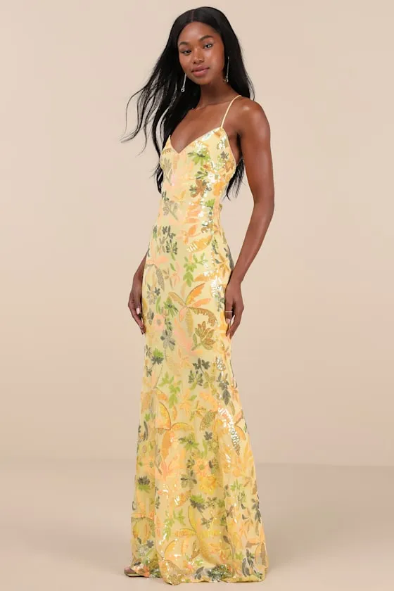 Glittering Icon Yellow Iridescent Sequin Lace-Up Maxi Dress sold by Lulus product image thumbnail 2