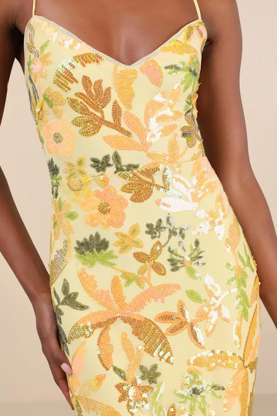 Glittering Icon Yellow Iridescent Sequin Lace-Up Maxi Dress sold by Lulus product image thumbnail 3