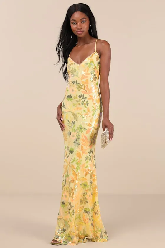 Glittering Icon Yellow Iridescent Sequin Lace-Up Maxi Dress sold by Lulus product image thumbnail 4