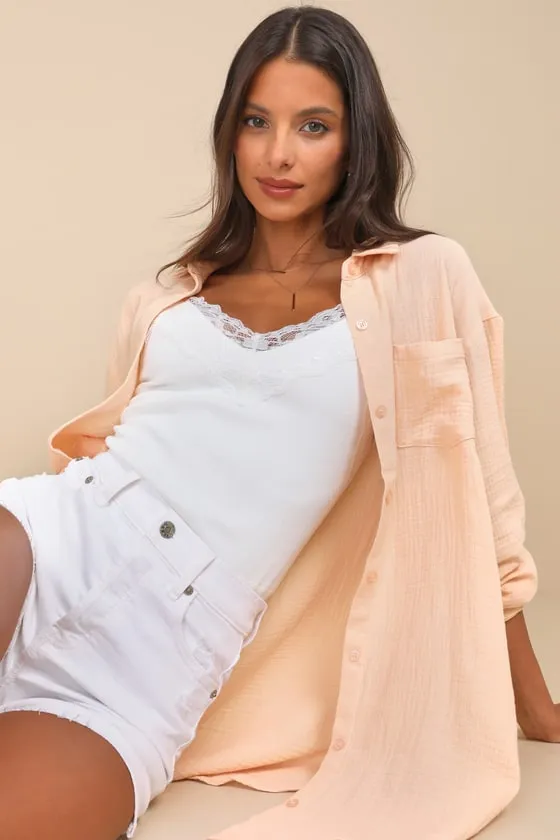 Easy To See Peach Oversized Button-Up Top sold by Lulus product image thumbnail 3