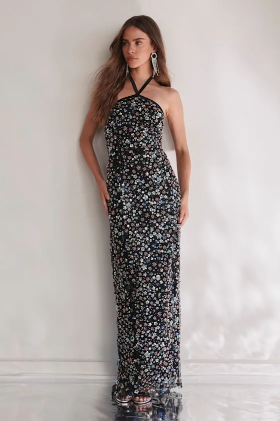 Edalene Black Mesh Sequin Beaded Halter Maxi Dress sold by Lulus