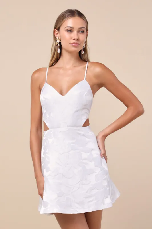 Pristinely Pretty White Jacquard Cutout Bow Mini Dress sold by Lulus