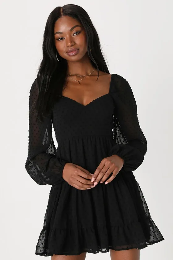 Longing And Love Black Swiss Dot Puff Long Sleeve Mini Dress sold by Lulus product image thumbnail 2