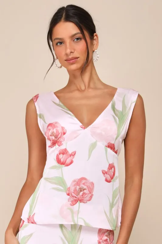 Exceptional Darling Blush Pink Floral Satin V-Neck Tank Top sold by Lulus