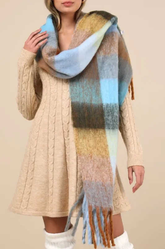 Seasonal Cuteness Blue Multi Plaid Oversized Scarf sold by Lulus