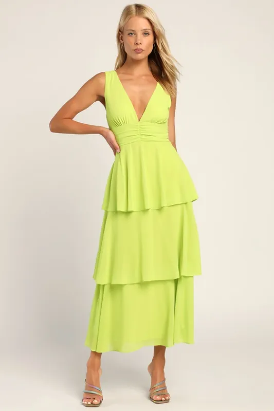 Celebration Time Lime Green Sleeveless Tiered Midi Dress sold by Lulus