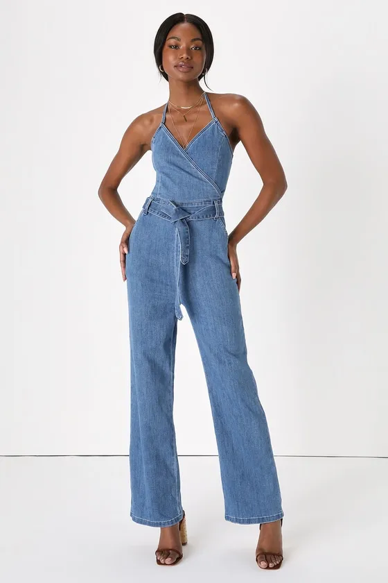 Flirty Throwback Medium Wash Denim Surplice Halter Jumpsuit sold by Lulus
