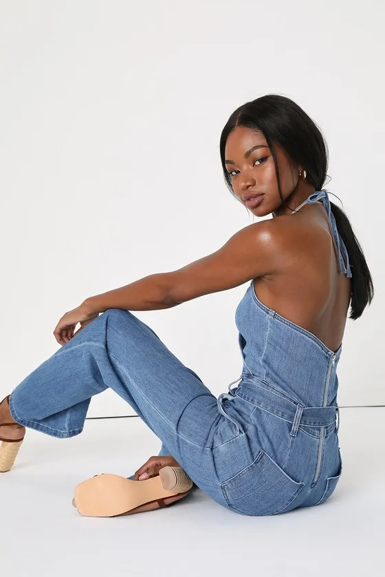Flirty Throwback Medium Wash Denim Surplice Halter Jumpsuit sold by Lulus product image thumbnail 2