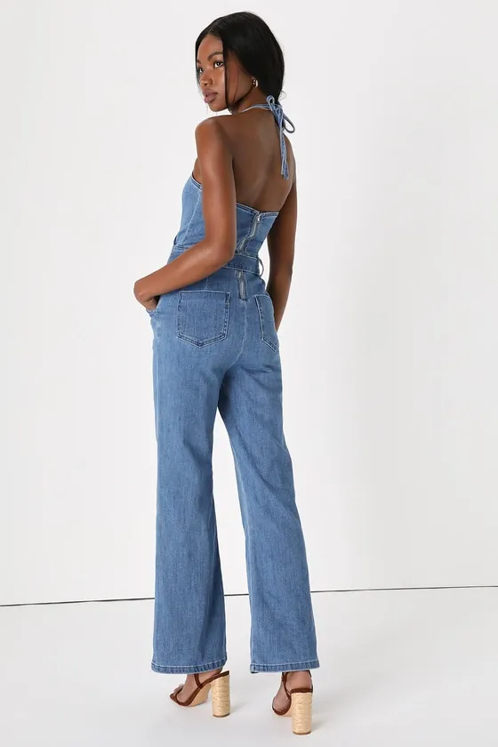 Flirty Throwback Medium Wash Denim Surplice Halter Jumpsuit sold by Lulus product image thumbnail 3