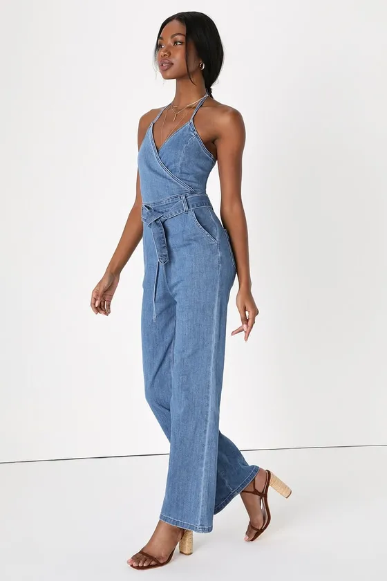 Flirty Throwback Medium Wash Denim Surplice Halter Jumpsuit sold by Lulus product image thumbnail 4