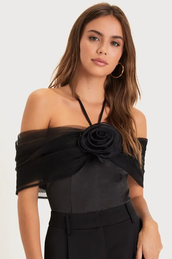Trendsetting Moment Black Mesh Rosette Off-the-Shoulder Bodysuit sold by Lulus