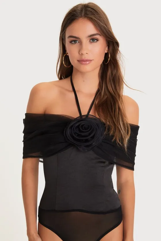 Trendsetting Moment Black Mesh Rosette Off-the-Shoulder Bodysuit sold by Lulus product image thumbnail 4