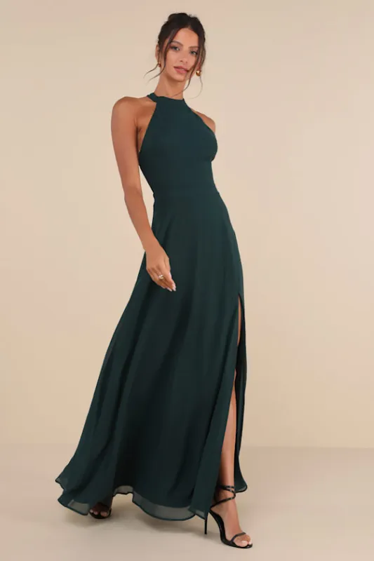 Confidently Charismatic Emerald Backless Halter Maxi Dress sold by Lulus