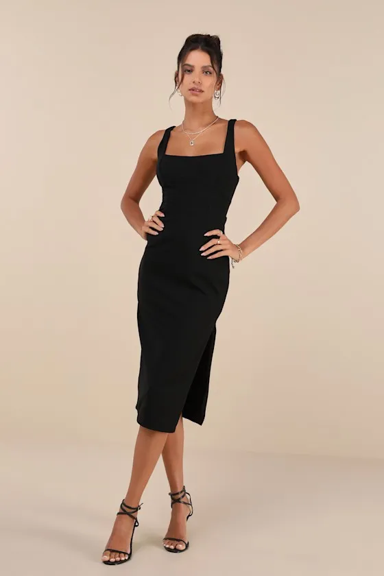 Vibrant Allure Black Square Neck Sleeveless Bodycon Midi Dress sold by Lulus