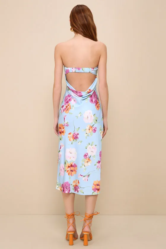 Sophisticated Design Light Blue Floral Strapless Midi Dress sold by Lulus product image thumbnail 2