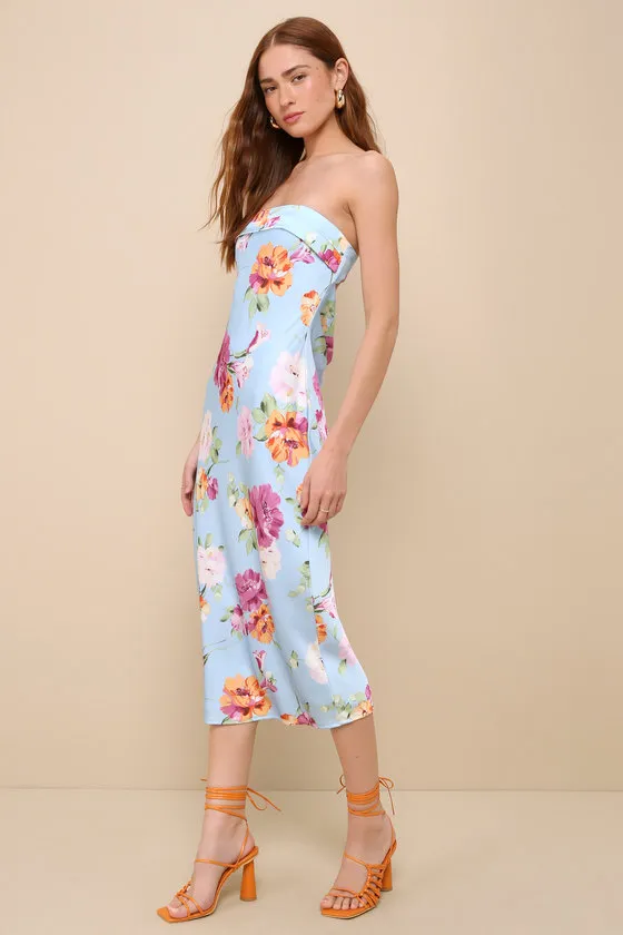 Sophisticated Design Light Blue Floral Strapless Midi Dress sold by Lulus product image thumbnail 4