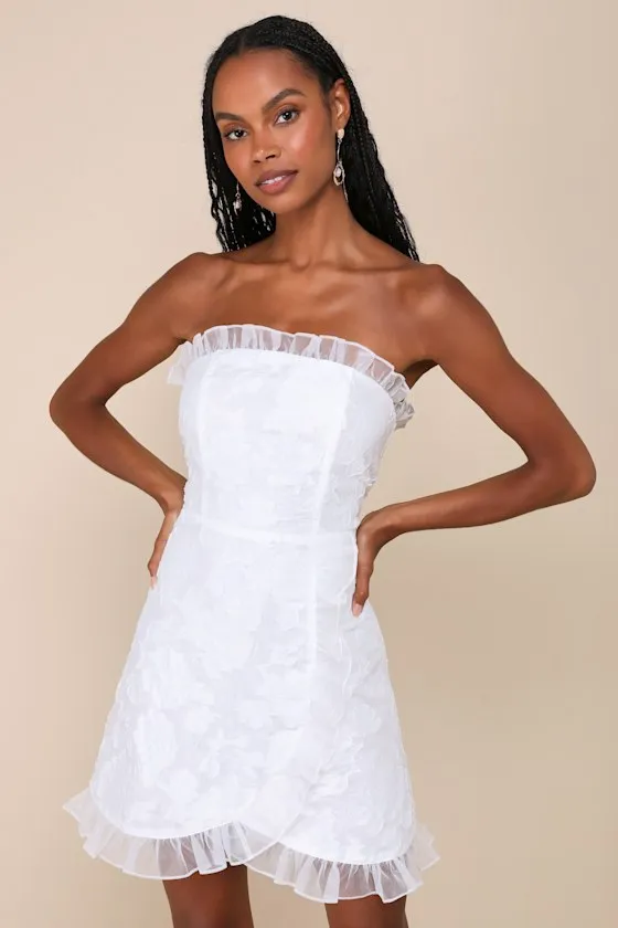 Exclusive Sweetness White Floral Jacquard Ruffled Mini Dress sold by Lulus