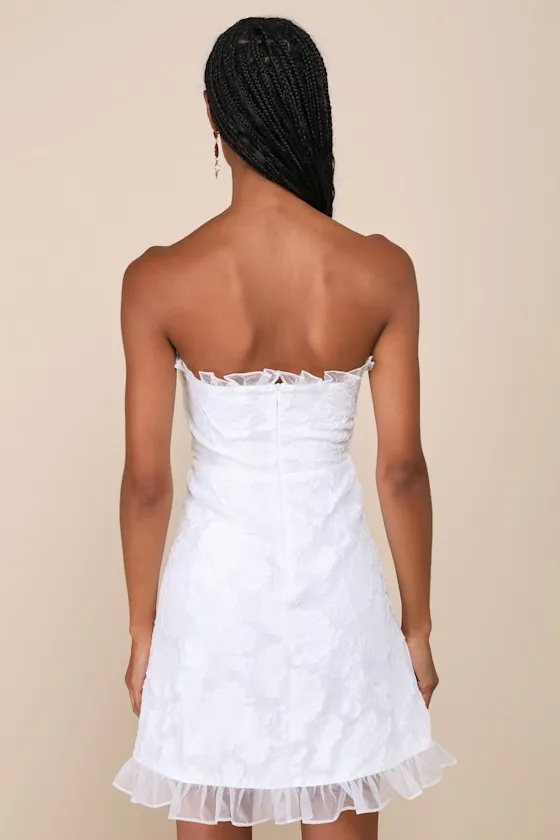 Exclusive Sweetness White Floral Jacquard Ruffled Mini Dress sold by Lulus product image thumbnail 3