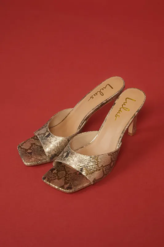 Collyns Gold Snake High Heel Slide Sandals sold by Lulus